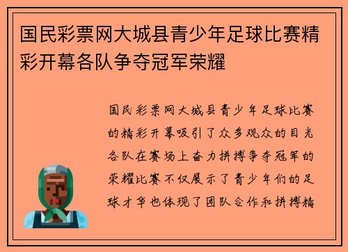 国民彩票网大城县青少年足球比赛精彩开幕各队争夺冠军荣耀
